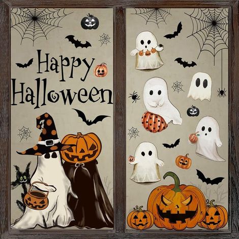 pegatinas de Halloween para ventanas con fantasmas, calabazas espeluznantes y murciélagos, decoraciones de vidrio para fiestas de Halloween. (1/5)