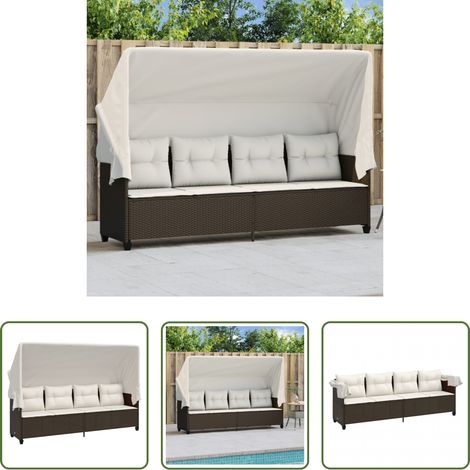 Bain de soleil avec auvent - Chaise longue avec auvent et coussins marron résine tressée (1/5)