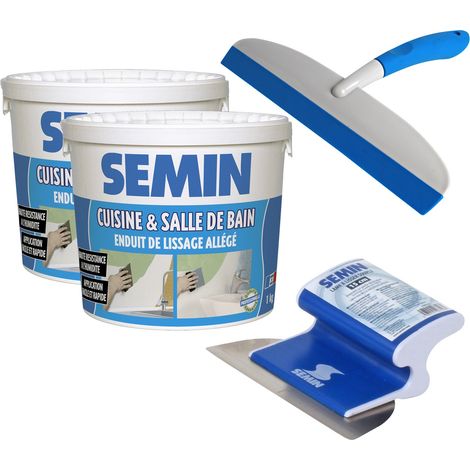 Lot de 2 enduits de lissage cuisine et salle de bain Semin - seau de 1 kg, une lame CE 78 pour enduire et lisser - 15 cm et une raclette à lisser - 30 cm (1/5)