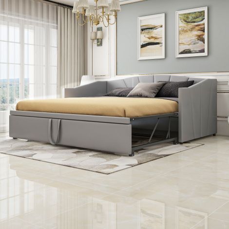 Letto imbottito, divano letto allungabile 90/180200 cm con rete a doghe, letto multifunzionale in tessuto di velluto delicato sulla pelle, grigio (1/5)