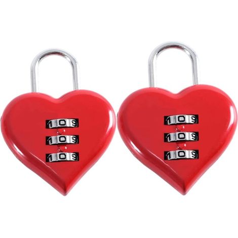Lot de 2 cadenas en forme de cœur avec code numérique - Rouge - Petit cadenas à combinaison à 3 chiffres - Pour valises, armoires, casiers, sacs à dos (1/5)