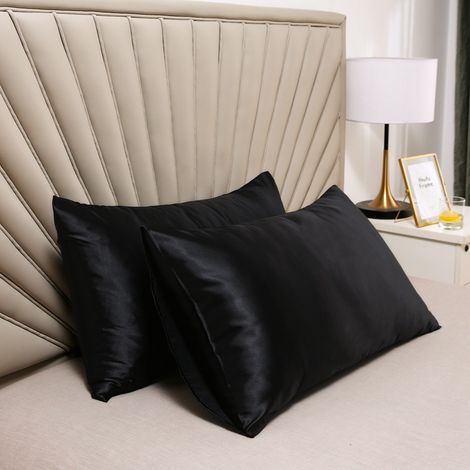 JSSEVN - Set of 2 satin pillowcases - Black pillowcase for skin, standard size with envelope closure, 51 x 76 cm (1/5)