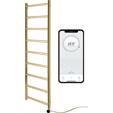 Electric Selby Heated Towel Rail Smart WiFi Brushed Brass 500mm W x 1000mm H 7 Day Programmable Timer App Compatibility Stainless Steel