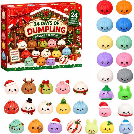 Calendrier de l'Avent de Noël contenant 24 décorations « squishy » en forme de raviolis de Noël — un cadeau idéal pour les enfants avant les fêtes. (1/5)