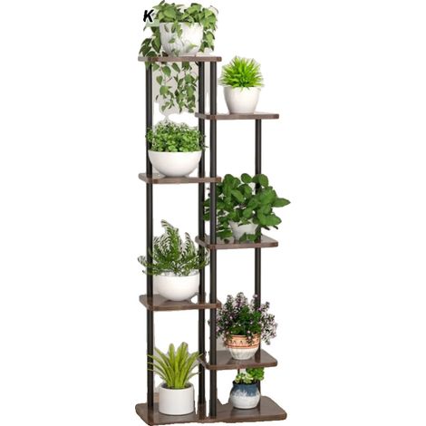 Soporte para plantas, diseño de 7 niveles, organizador de interiores que ahorra espacio, negro y marrón. (1/2)