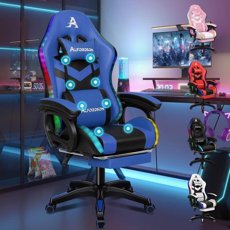 Racing Gaming Stuhl Massage Gamer 12 LED Farben RGB Beleuchtung Blau - ALFORDSON (1/5)