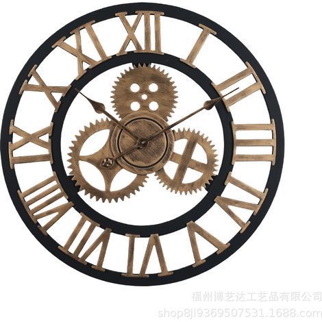 Horloge murale, engrenages, dorée, imposante, style industriel, bois, 45 cm, quartz, pendule mural (1/5)