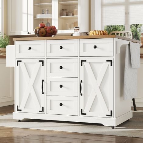 Îlot de cuisine multifonction rabattable plateau aspect bois rangement nombreux tiroirs et placards porte style grange serviteur mobile charge 60kg pliable petit espace blanc cuisine salle à manger sa (1/5)
