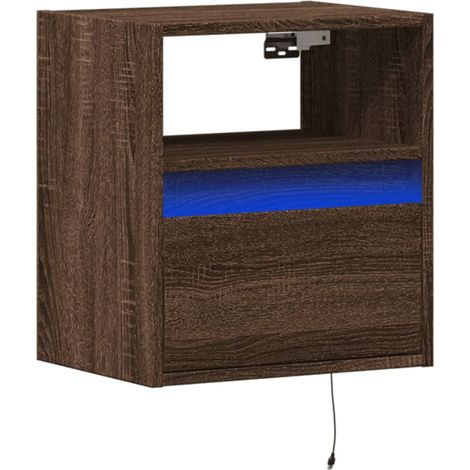 Mesita de noche de pared con cajón con luces LED y compartimento abierto en madera de ingeniería marrón DEC034182
