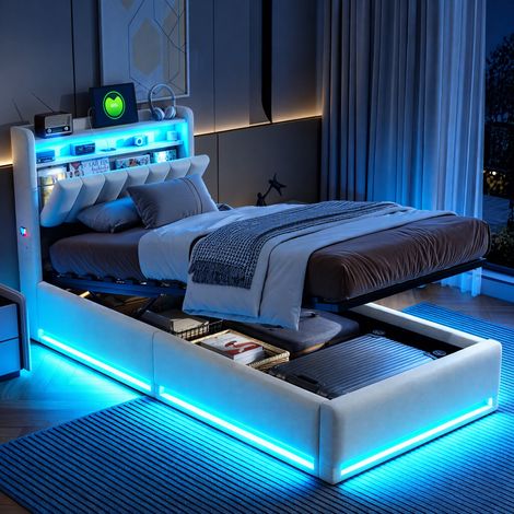 JOOKGBD-Polsterbett Einzelbett 90x200cm,Hydraulisches Bett mit Bettkasten und Lattenrost,Jugendbett,Staufach-Kopfteil mit LED und USB Ladestation,Stauraumbett Funktionsbett,Samt,Ohne Matratze,Beige (1/5)