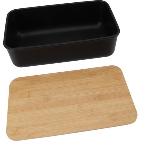 Boîte à pain moderne avec couvercle en bois - Grand récipient de conservation pour garder la fraîcheur du pain, cuisine, noir, 35x19x12 cm (1/5)