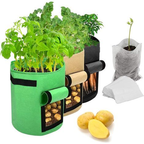 Potato Grow Bags,3 Pack 10 Gallon Plant Growing Bags/Aeration Non-woven Fabric Pots Plant Bags w/Handles Garden Vegetable Growing Bags with 50 Pcs Biodegradable Plant Seedling Bags (1/5)