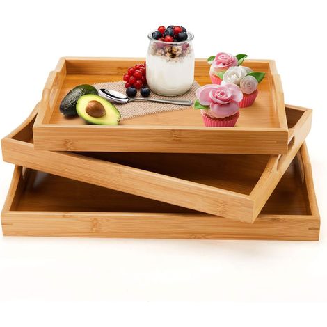 Rechteckiges Bambustablett – 3er-Set – Natürlicher Stil – Vielseitig einsetzbar – Für Küche und Schlafzimmer – 41 x 31 cm (1/5)