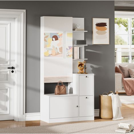 Armario de recibidor 85x40x180 cm blanco en tablero de partículas con espejo, zapatero abatible y 5 estantes (1/5)