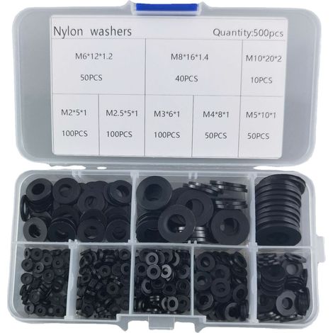 500 PCS Rondelle Caoutchouc Entretoise Rondelle Plastique, Joint Caoutchouc Plat Entretoise Plastique, M2-M10 Rondelles en Nylon (1/5)
