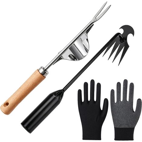 Lot de 3 outils de désherbage 4 dents fourchette gants jardinage désherbant manuel pelouse terrasse bordures parterres fleurs allées (1/5)