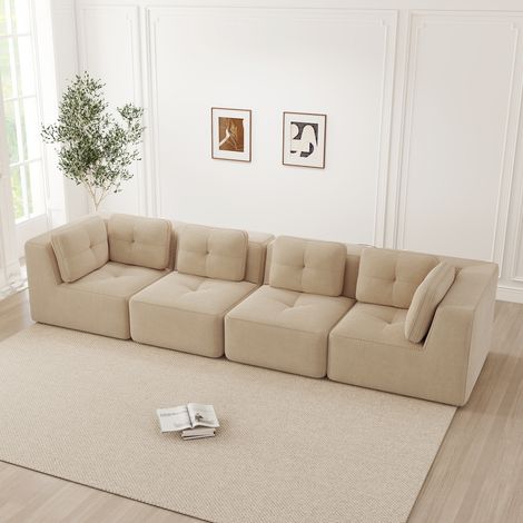 Canapé d'angle modulable 4 places velours côtelé beige antidérapant (1/5)