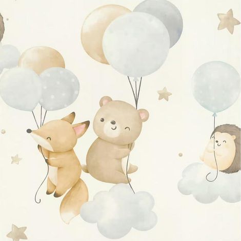 Animals Clouds Wallpaper Kids Nursery Bedroom Blue Balloons White Feature Wall (1/4)