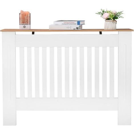 Cache-radiateur MDF blanc M – Panneau décoratif ventilé – Design traditionnel rayures verticales – Dimensions 112 x 19 x 81,5 cm (1/5)