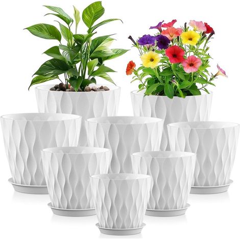 8er Set Blumentöpfe mit Untersetzern, Kunststoff, 3D-Wellenstruktur, Weiß (1/5)