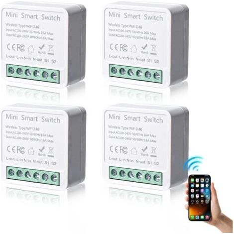 Lot de 4 modules d\'interrupteur intelligents 1 voie - Mini interrupteur Wi-Fi DIY - Module Smart Home - Compatible avec l\'application Tuya, Alexa et Google Home - Conducteur neutre nécessaire (1/4)