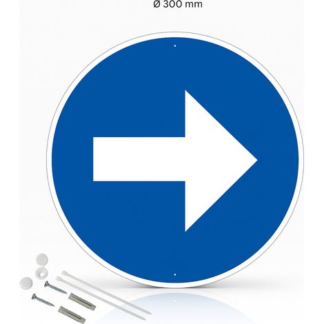 Flèche à droite panneau de signalisation rond en aluminium prépercé avec kit de fixation complet - Diamètre 300 mm