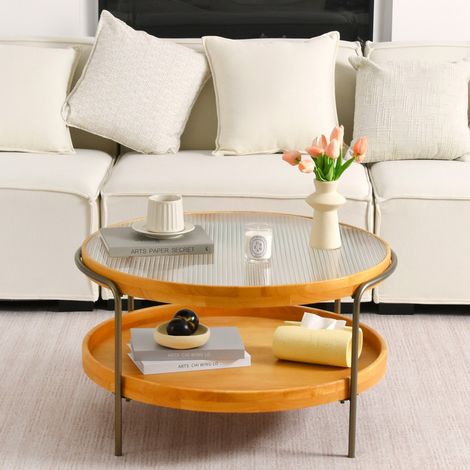 Table basse ronde à 2 niveaux en bois et verre, structure métallique, rangement pratique, ø76x45 cm pour salon (1/5)