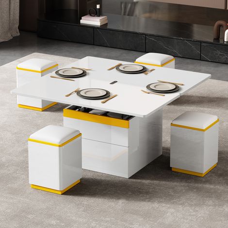 Mesa de centro elevable y plegable 100 x 50 x 43 cm con almacenaje, blanca y amarilla DESVIAE (1/5)