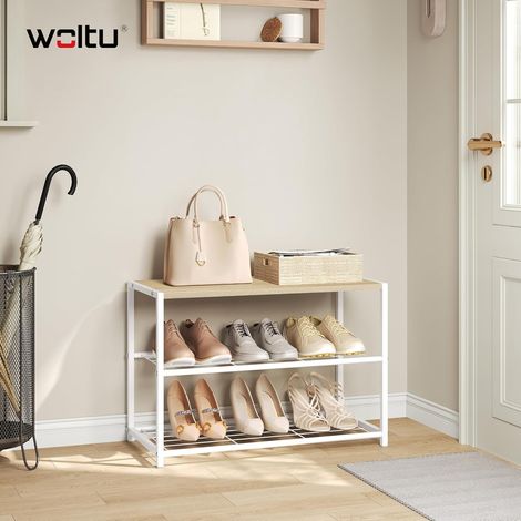 WOLTU 2 Tiers Shoe Rack Stand Compact Space Saving Storage Organiser Shelf Light Oak + White