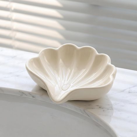 Muschelförmige Seifenschale, selbstentleerende, schräge Seifenschale Schmuckablage (weiß) (1/4)