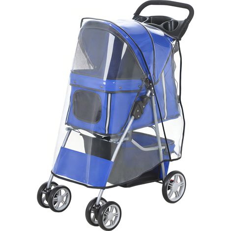 Passeggino per cani pieghevole blu con copertura antipioggia, ruote girevoli e cuscino lavabile
