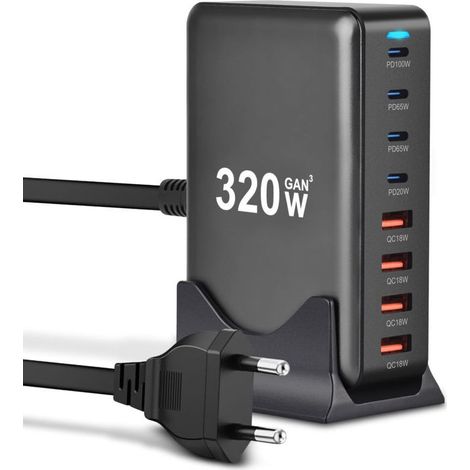 8-Port GaN USB-Netzteil (4 USB-C, 4 USB-A) 320 W für MacBook Pro/Air, iPhone, iPad Pro, Galaxy, Steam Deck