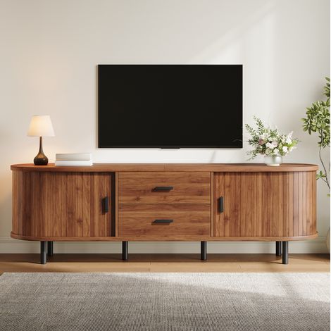 Mueble bajo para TV (160x40x55 cm), con puertas correderas, 2 cajones, patas metálicas, MDF y tablero de partículas, nogal (1/5)
