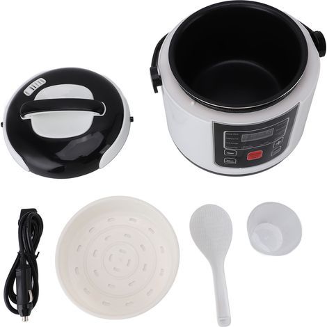 Mini arrocera para coche, 24 V, 200 W, 2 L, multifuncional, portátil, pequeña, para viajes, con olla interior y cesta vaporera para avena (1/5)