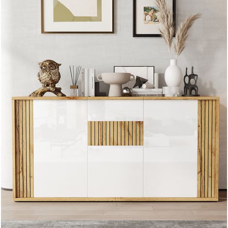 Credenza 140x35x71 cm in MDF bianco e legno, 3 ante, per sala da pranzo – MEUBLIV (1/5)