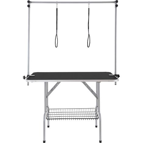 Mophorn Mesa de aseo para mascotas con dos brazos y abrazadera, 117 cm, plegable para perros medianos y pequeños, incluye 2 soportes para sentarse y agacharse, capacidad de carga de 149,7 kg