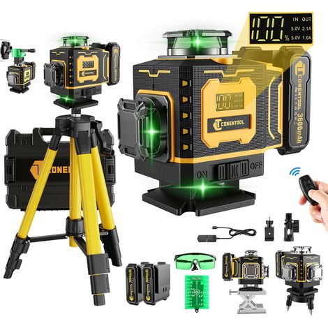 Niveau Laser 4 x 360° Avec Trépied CONENTOOL - 16 Line Ligne Laser Verte Horizontal et Verticale - Avec télécommande et base - 2 batterie 3600mAh (1/5)