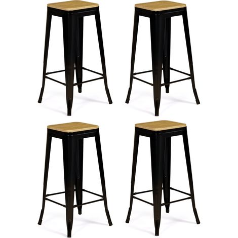 Idmarket – Lot de 4 tabourets de bar empilables métal noir mat – Assise bois aspect brut – Hauteur 77 cm – Pour intérieur style industriel (1/5)