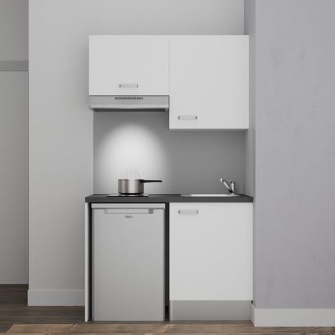 Kitchenette K01L-PT - 120 cm avec plan de travail et évier, emplacements frigo et hotte - Façade Blanc - Plan Noir texturé - Evier Inox - Crédences Non