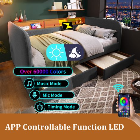 (AB20754142G) Canapé-lit, dimensions 140 x 190 cm. Ce canapé-lit est équipé d'une lampe LED rechargeable et d'un port USB-C. Il dispose de deux tiroirs et d'un espace de rangement à l'arrière. Gris (m (1/5)