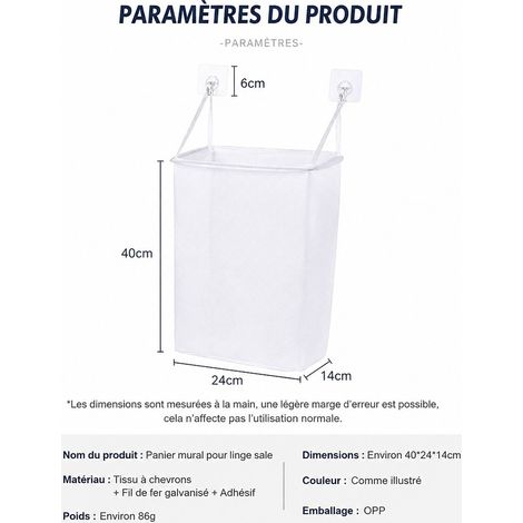 Panier à Linge Mural Sans Perçage en Tissu Coton et Fer Blanc, Fixation Adhésive sans Outils, 40 x 24 x 14 cm, pour Petite Salle de Bains et Buanderie (1/4)