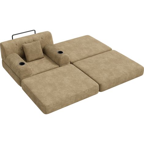 Canapé-lit 1 place en velours côtelé, fauteuil convertible avec dossier haut, 2 porte-gobelets, 4 poches latérales, sans montage, coloris khaki  CHICFURN (1/5)