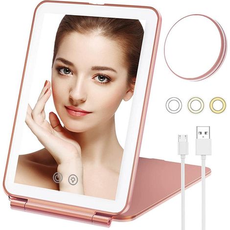 Miroir de maquillage tactile avec miroir rond grossissant x10, rechargeable par USB, portable - Or rose (1/3)