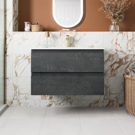 800mm Bathroom Cloakroom Vanity Unit Wall Hung 1 Tap Hole Basin Soft Close Black (1/5)