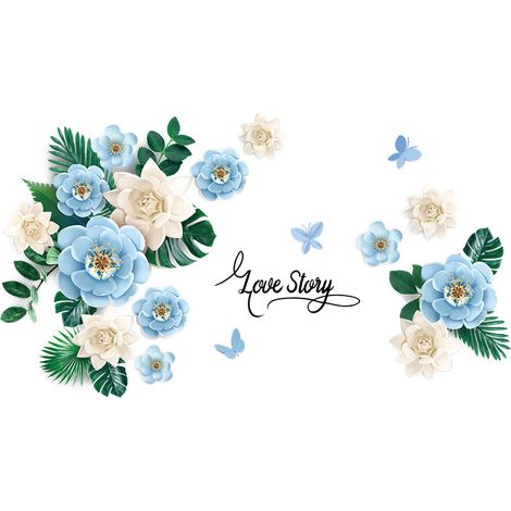 Sticker mural 3D tendance pivoine, autocollant mural amovible à l'aquarelle, motif pivoine épanouie, papier peint floral rose pour chambre ou salon (bleu) (1/5)