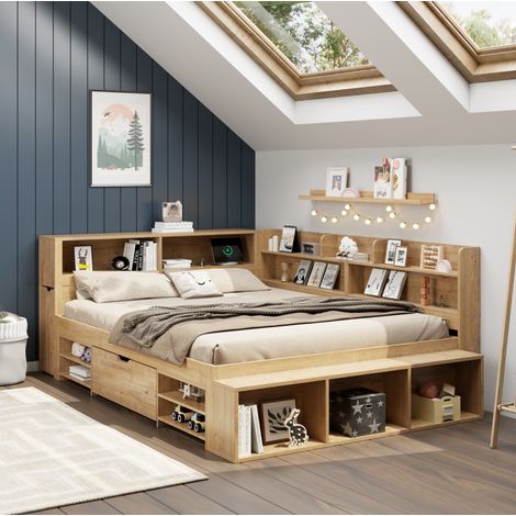 Cama con espacio de almacenamiento de madera contrachapada natural 140x200 cm con somier de láminas (1/5)