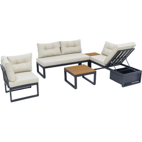 Conjunto de Jardín de 5 Plazas en Poliéster con 2 Sofás, 2 Mesas, Sillón y Cojines Gruesos, Beige (1/5)