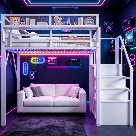 Cama alta de 140 x 200 cm - Cama infantil de metal con iluminación LED, escalera de seguridad y estanterías modulares - Blanco (1/5)