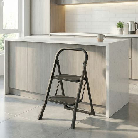 Escabeau Pliant 2 Marches, Marchepied Compact avec Verrou de Sécurité, pour Maison, Charge 150 kg, Noir (1/5)