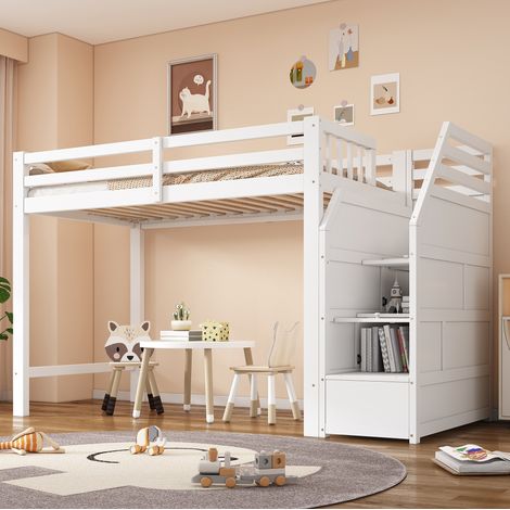 Lit mezzanine 90x200 cm en pin blanc avec sommier à lattes, barrières et escalier de rangement (1/5)